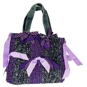 Handcrafted Purple & Denim Ribbon Bow Crochet Handbag Mini Tote OOAK